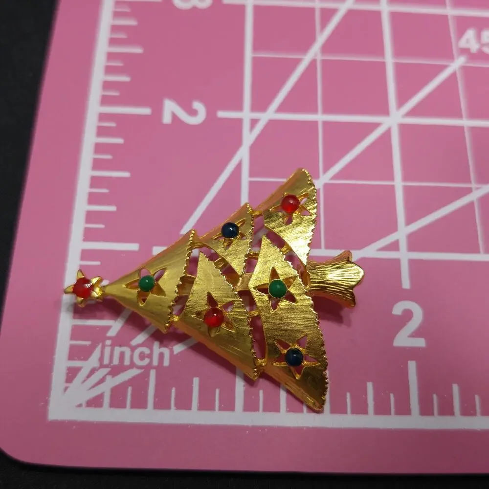 Vintage Eisenberg Ice Christmas Tree Brooch 1960s Gold Multicolor Beads Signed
